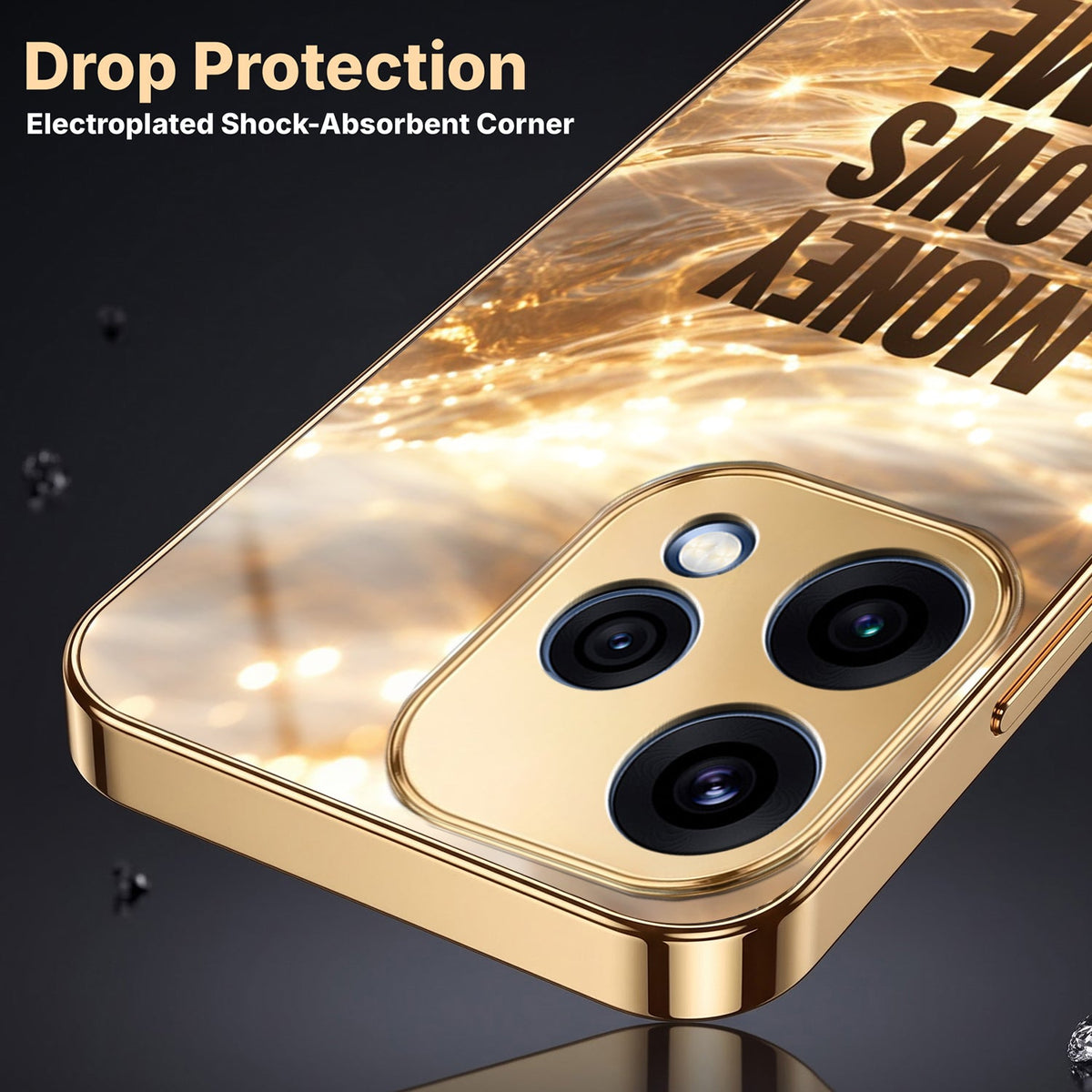 Oppo Reno 15 5G Money Flows To Me Gold Electroplated Glass Phone Back Case