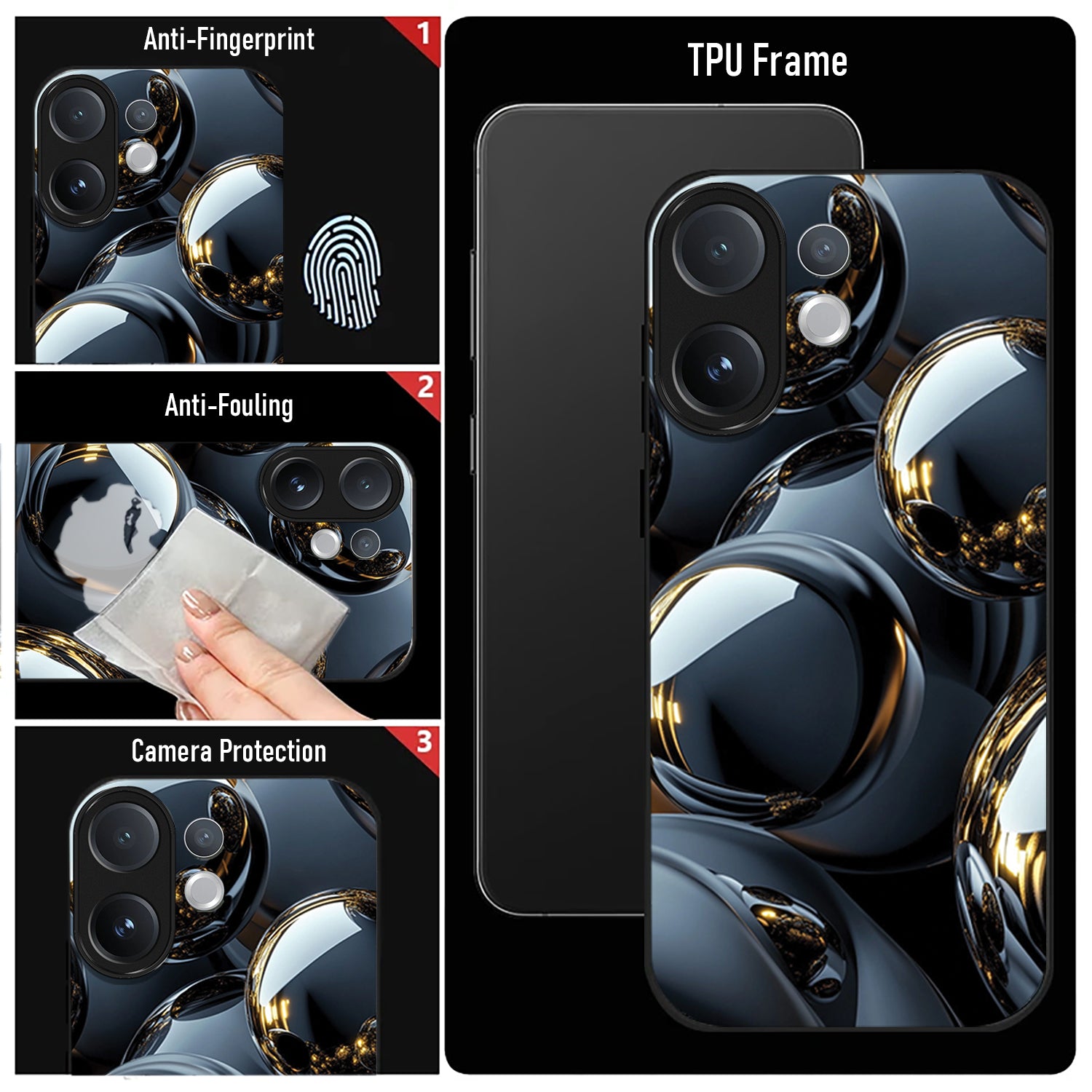Vivo V60 5G TPU frame phone case with anti-fingerprint, anti-fouling, and camera protection features.