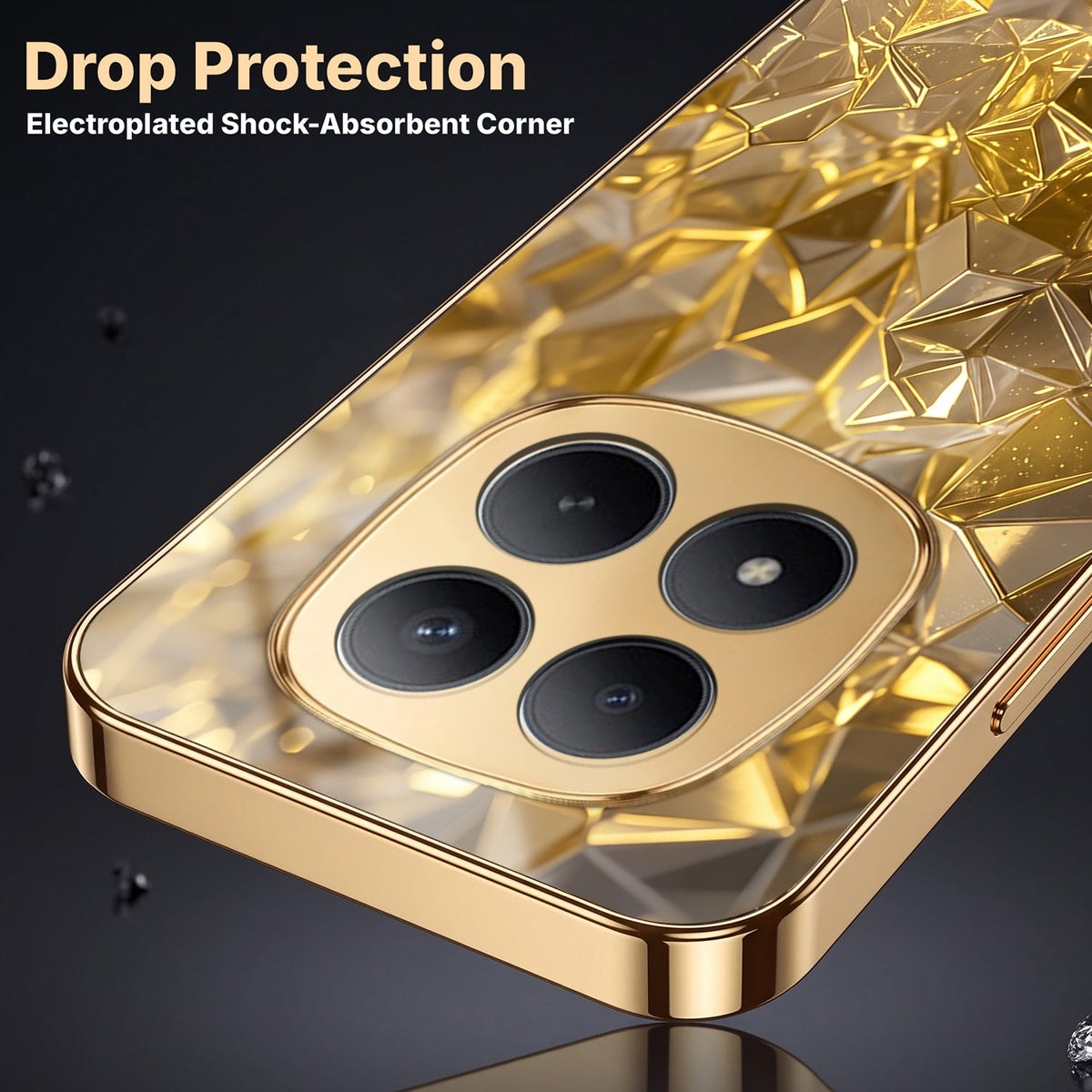 Redmi Note 15 Pro+ 5G Golden Diamond Shatter Gold Electroplated Glass Phone Back Case