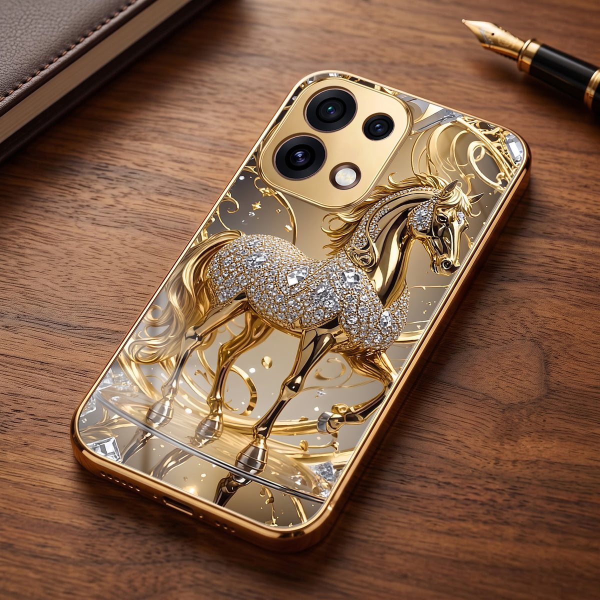 Oppo Reno 16C 5G Luxury Horse Texture Gold Electroplated Glass Phone Back Case