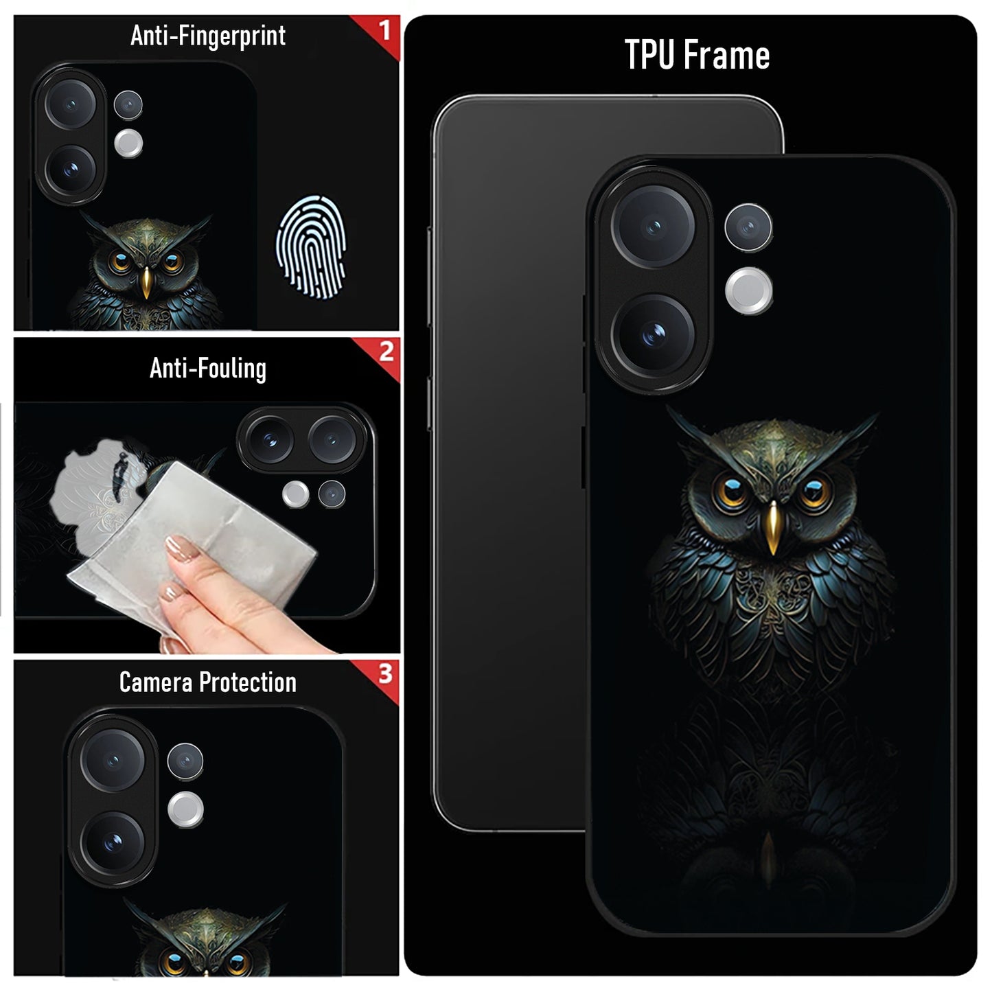Phone case with owl design featuring anti-fingerprint, anti-fouling, and camera protection features.
