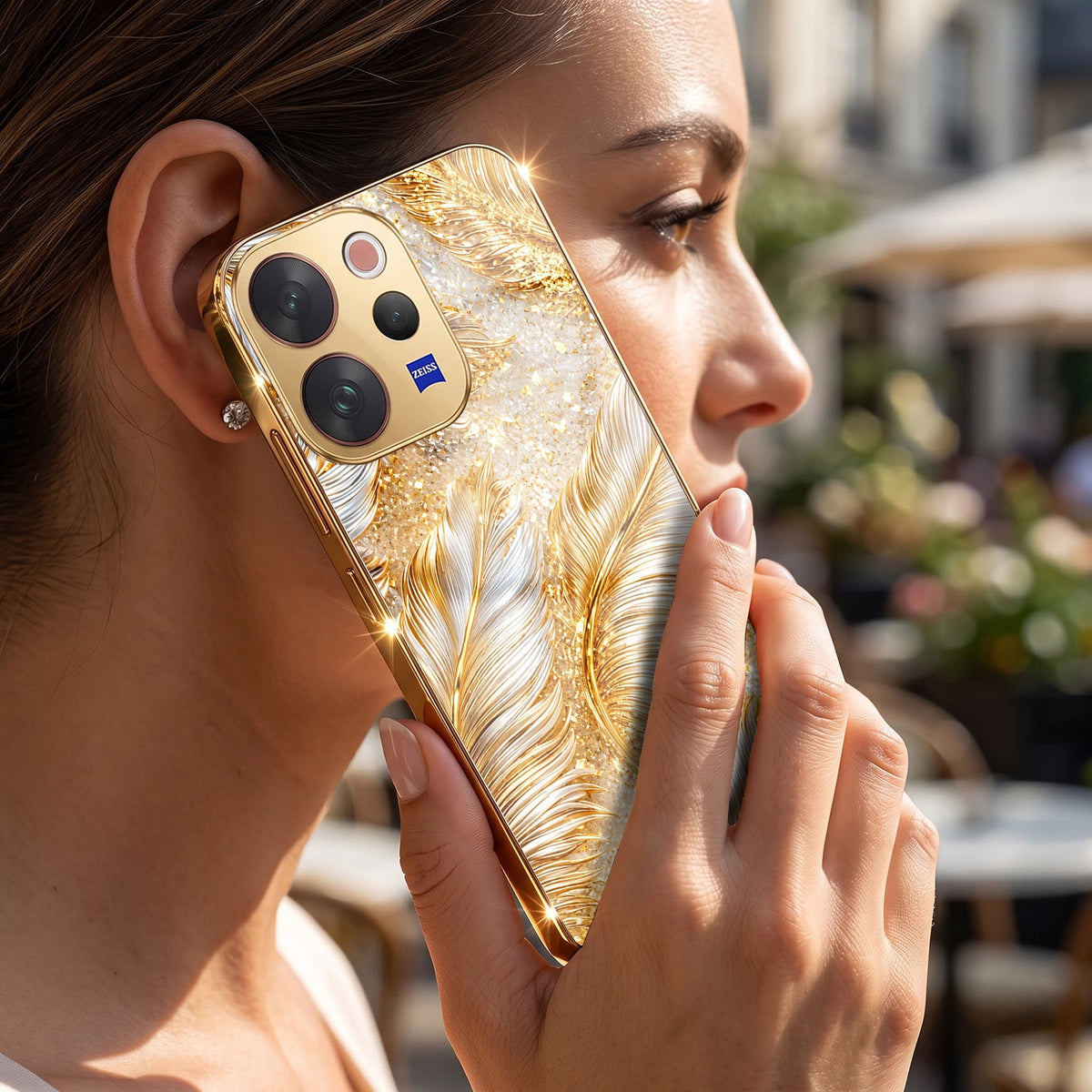 Vivo V70 5G Golden Feather Marble Gold Electroplated Glass Phone Back Case