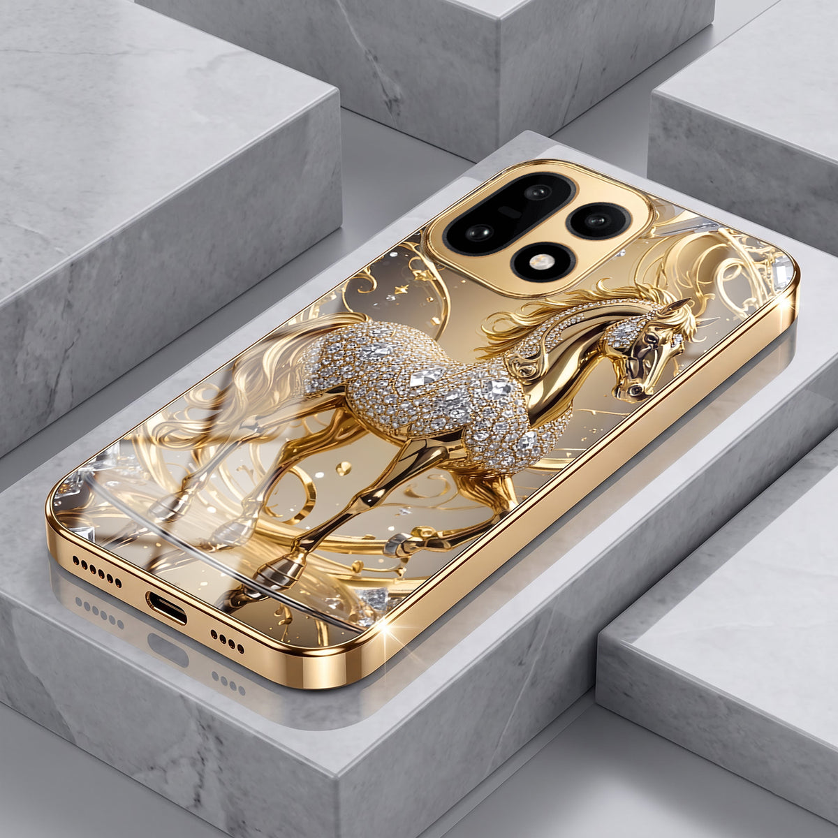 OnePlus 15 5G Luxury Horse Texture Gold Electroplated Glass Phone Back Case