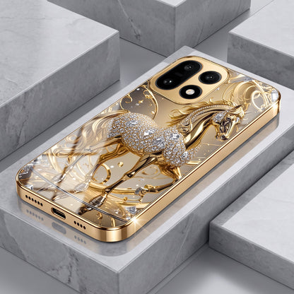 OnePlus 15 5G Luxury Horse Texture Gold Electroplated Glass Phone Back Case