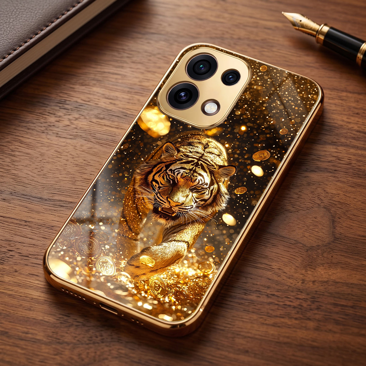 Oppo Reno 16C 5G Luxury Tiger Gold Electroplated Glass Phone Back Case
