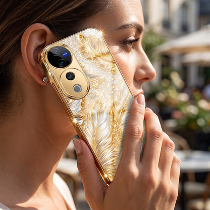 Vivo V40 Pro 5G Golden Feather Marble Gold Electroplated Glass Phone Back Case