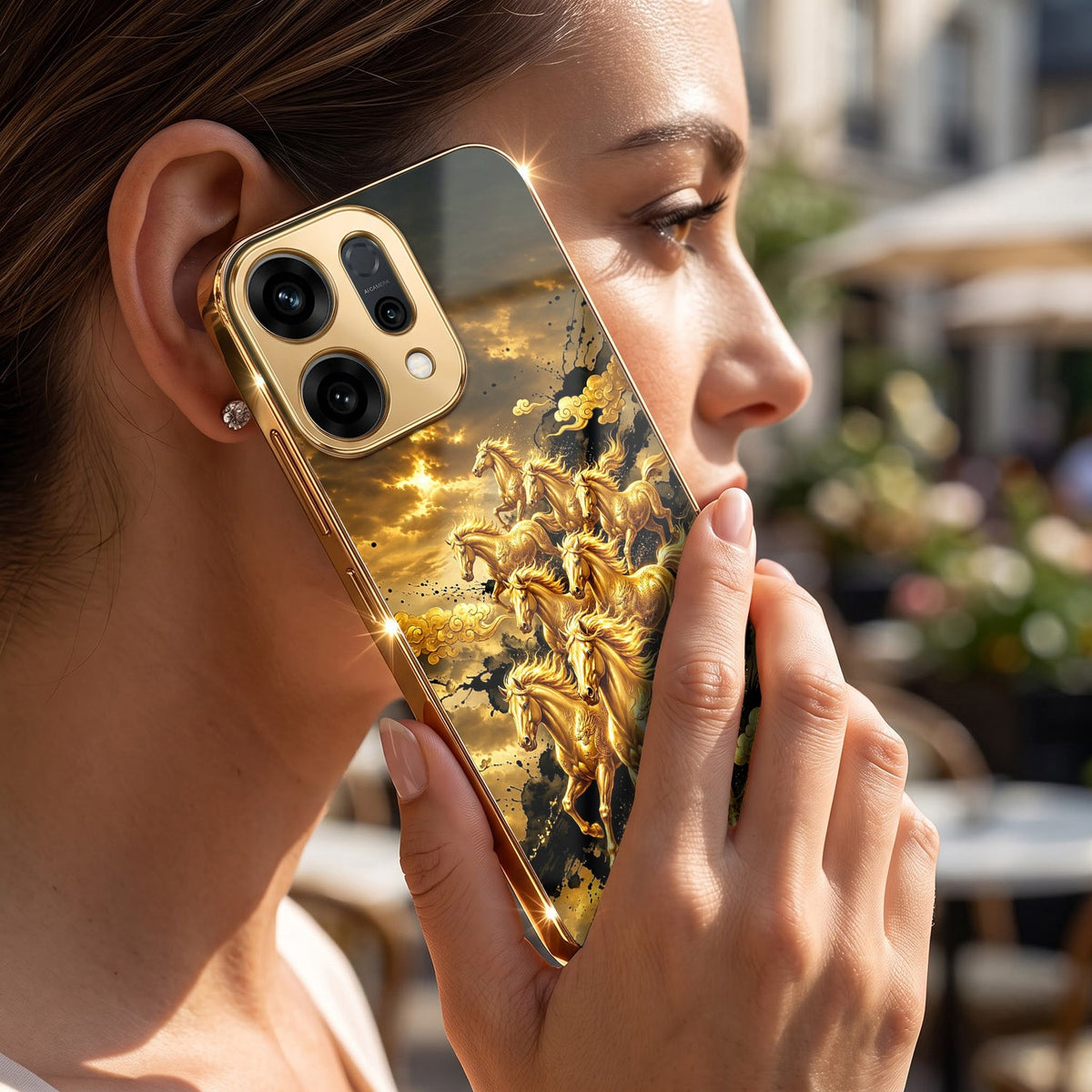 Oppo Reno 14 5G Horses Royal Glory Gold Electroplated Glass Phone Back Case