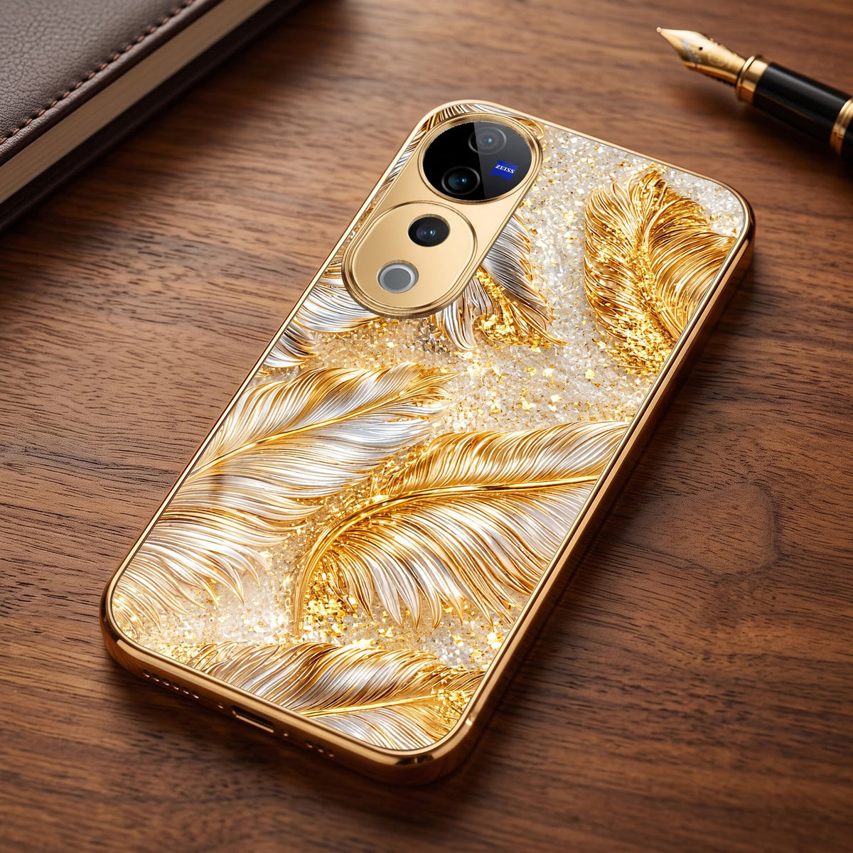 Vivo V40 Pro 5G Golden Feather Marble Gold Electroplated Glass Phone Back Case