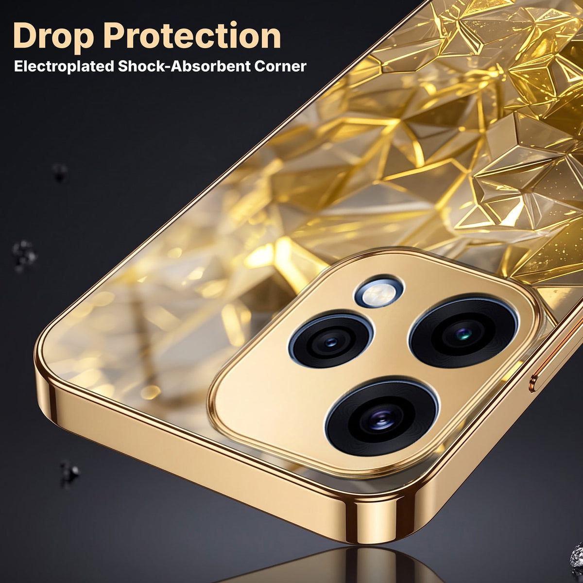 Oppo Reno 15 5G Golden Diamond Shatter Gold Electroplated Glass Phone Back Case