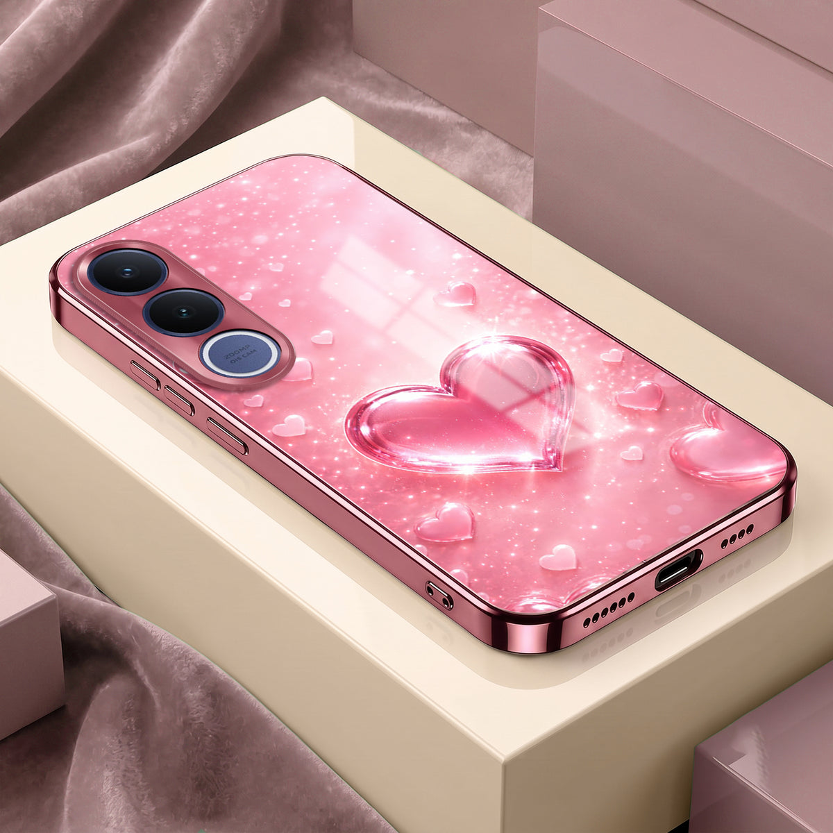Vivo V70 FE 5G Luxury 3D Jelly Heart Pink Electroplated Glass Phone Back Case