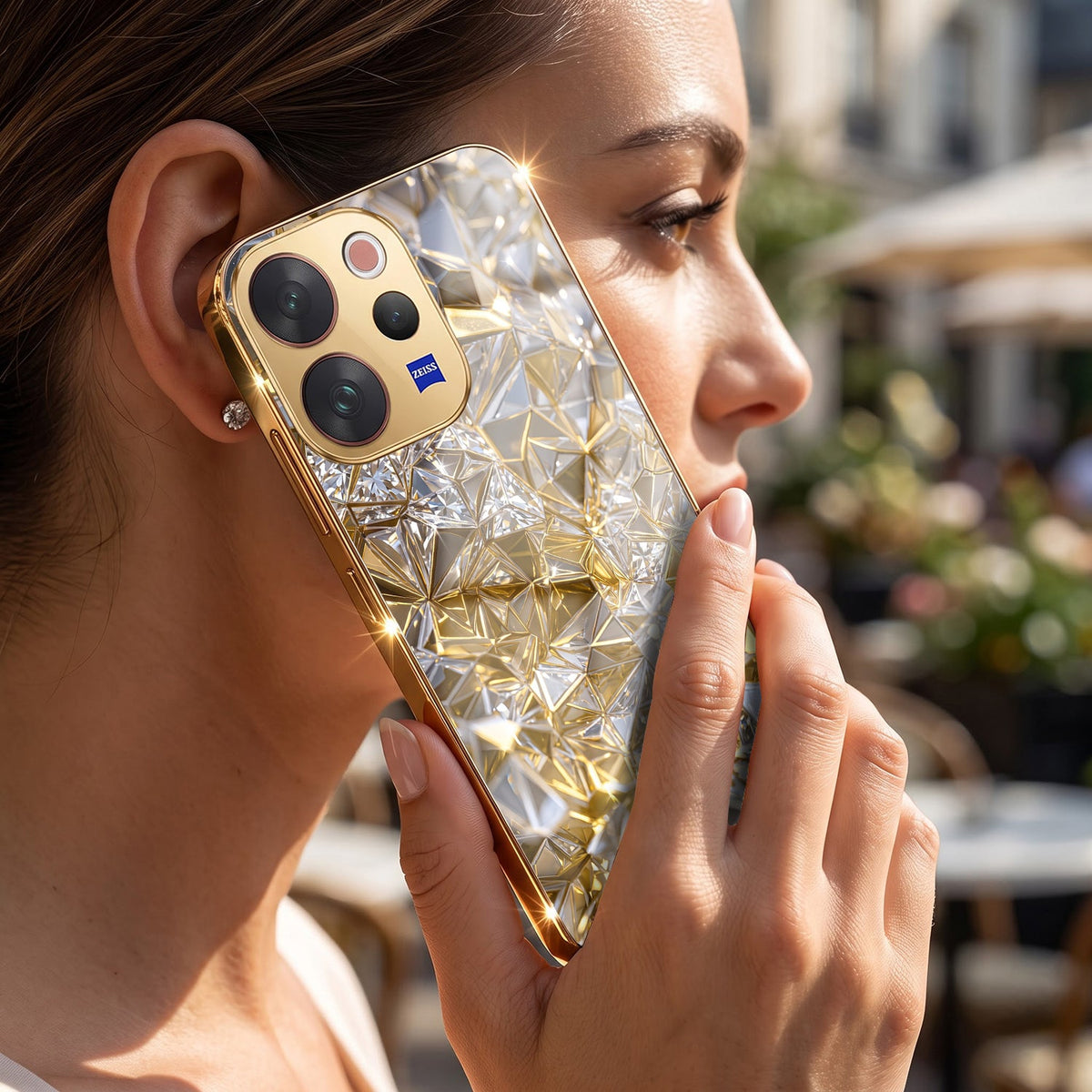 Vivo V70 5G White Diamond Shatter Gold Electroplated Glass Phone Back Case