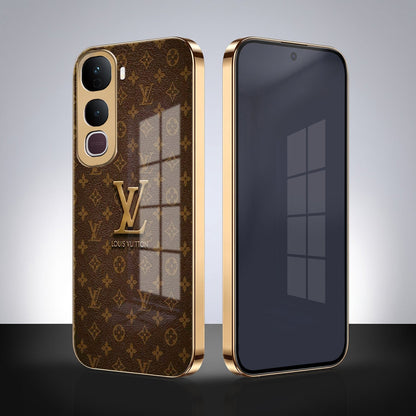 Vivo Y400 Pro 5G LV Brown Monogram Gold Electroplated Glass Phone Back Case