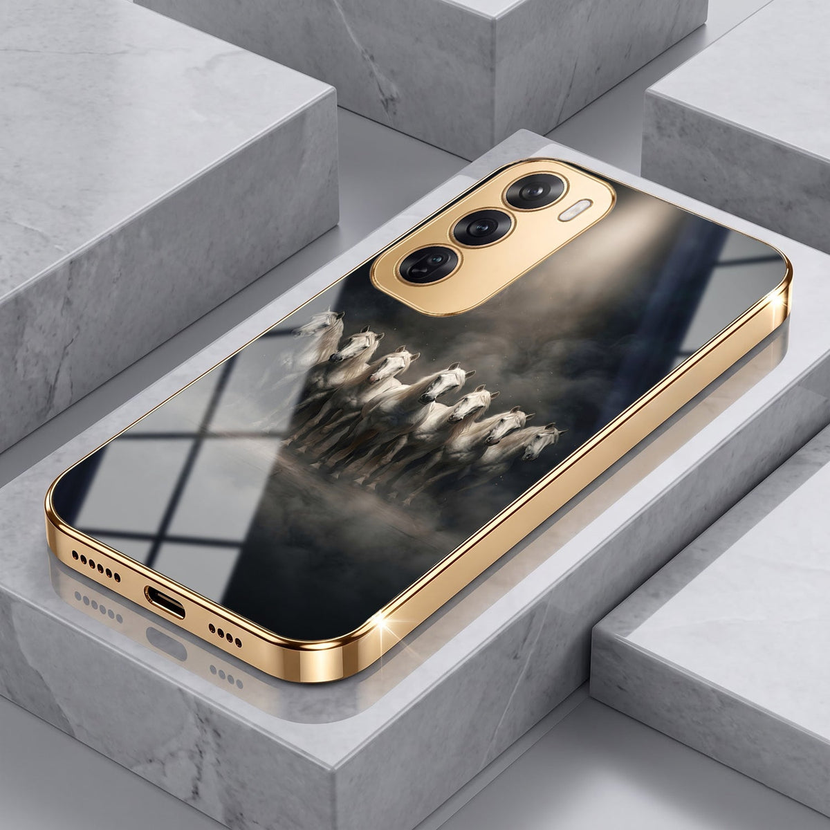 Oppo Reno 12 Pro 5G Running Horses Gold Electroplated Glass Phone Back Case