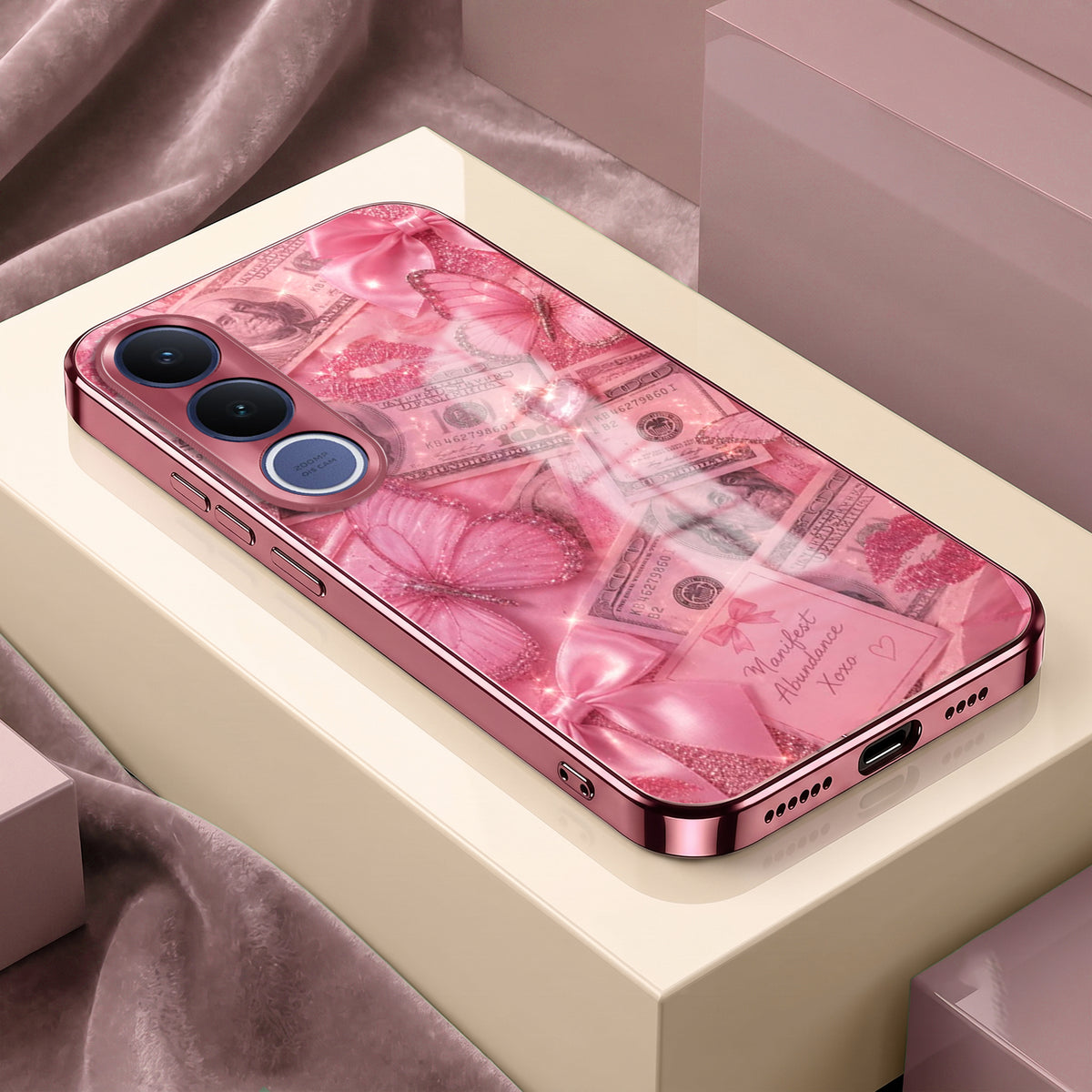 Vivo V70 FE 5G Luxury Dollar Butterfly Pink Electroplated Glass Phone Back Case