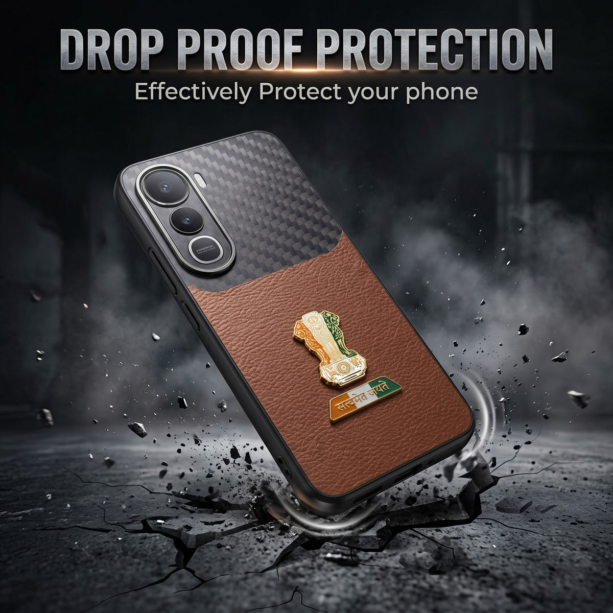 Vivo Y400 Pro 5G Tri-Color Satyamev Jayate Carbon Fiber Leather Hybrid Phone Case