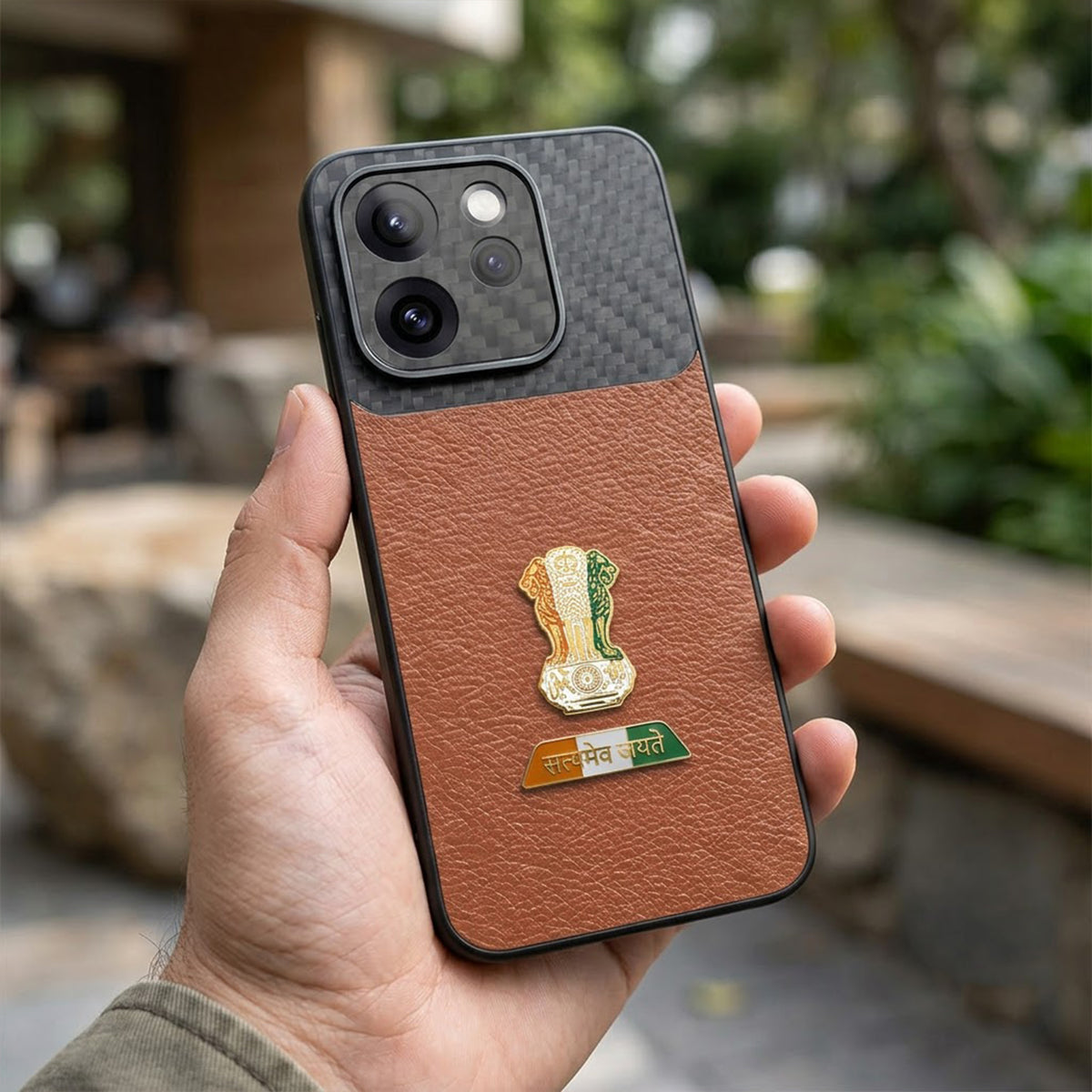 Oppo Reno 15 Pro Mini 5G Tri-Color Satyamev Jayate Carbon Fiber Leather Hybrid Phone Case