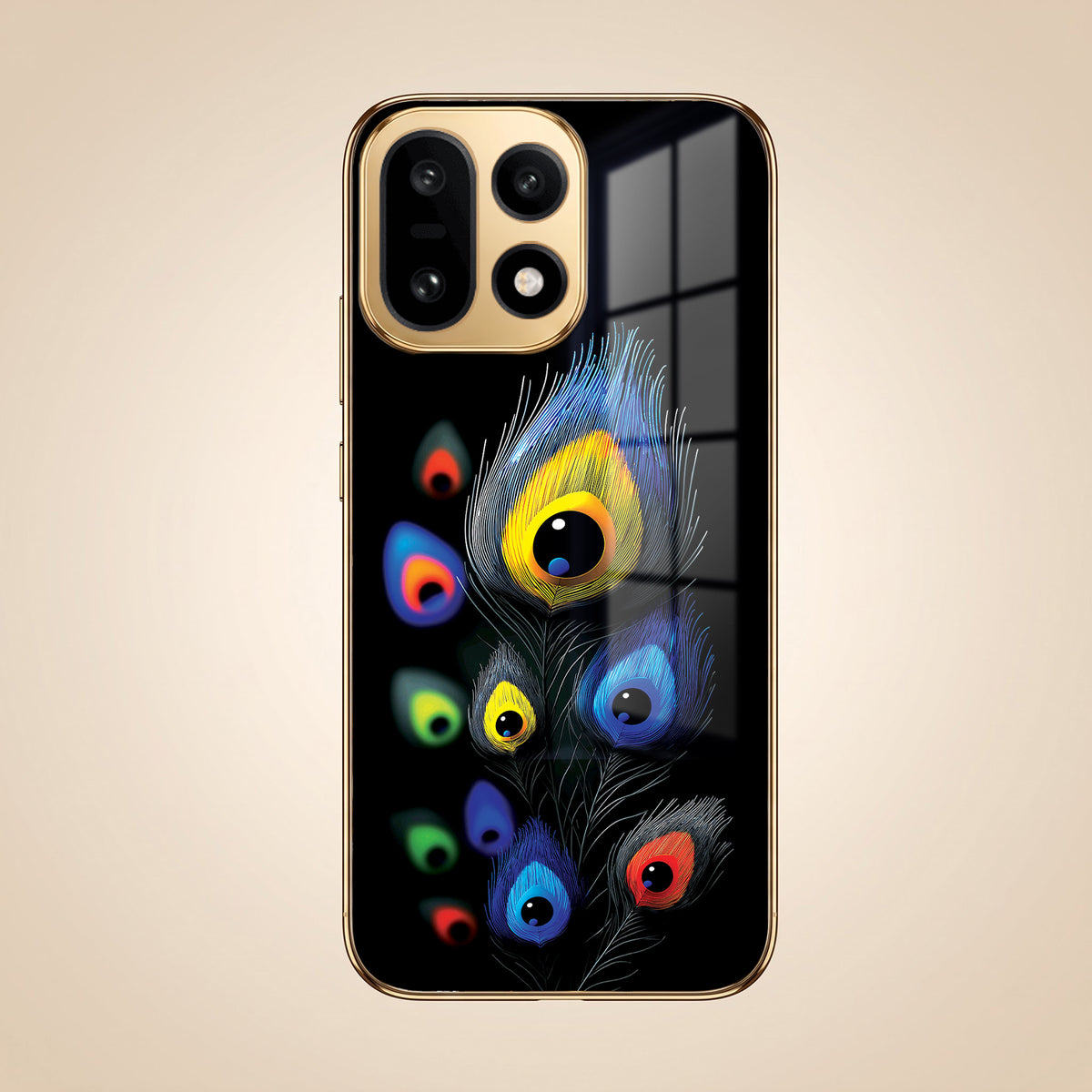 OnePlus 15 5G Multi-Feather Peacock Gold Electroplated Glass Phone Back Case