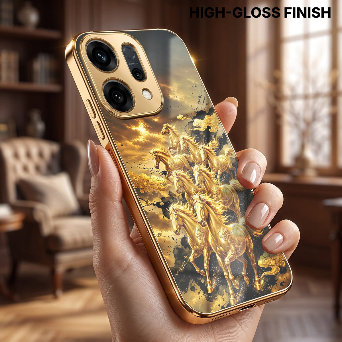 Oppo Reno 14 5G Horses Royal Glory Gold Electroplated Glass Phone Back Case