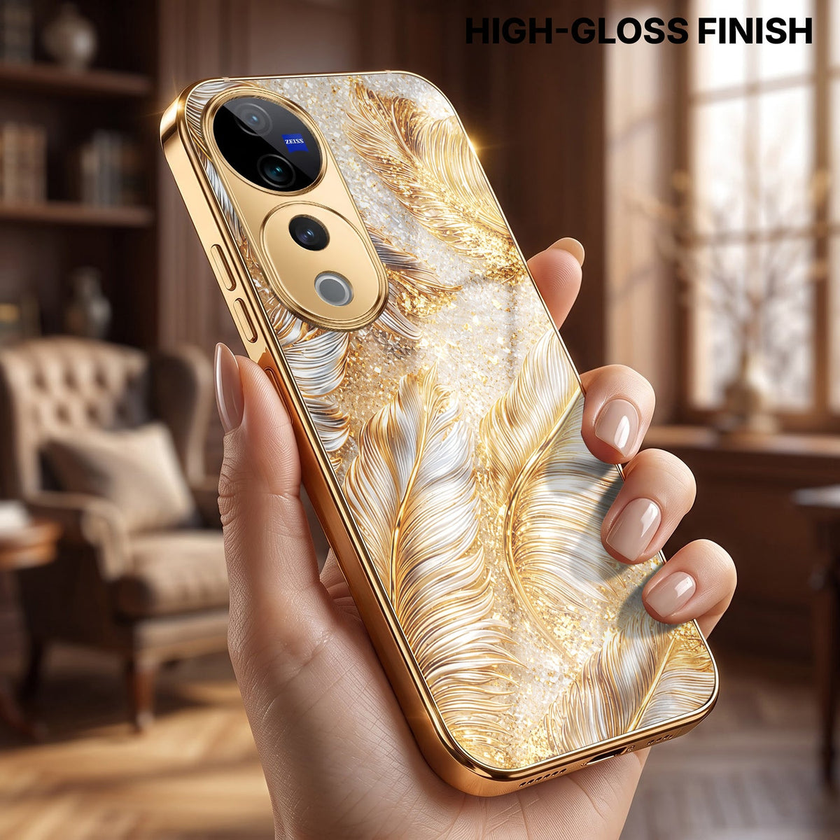 Vivo V40 Pro 5G Golden Feather Marble Gold Electroplated Glass Phone Back Case