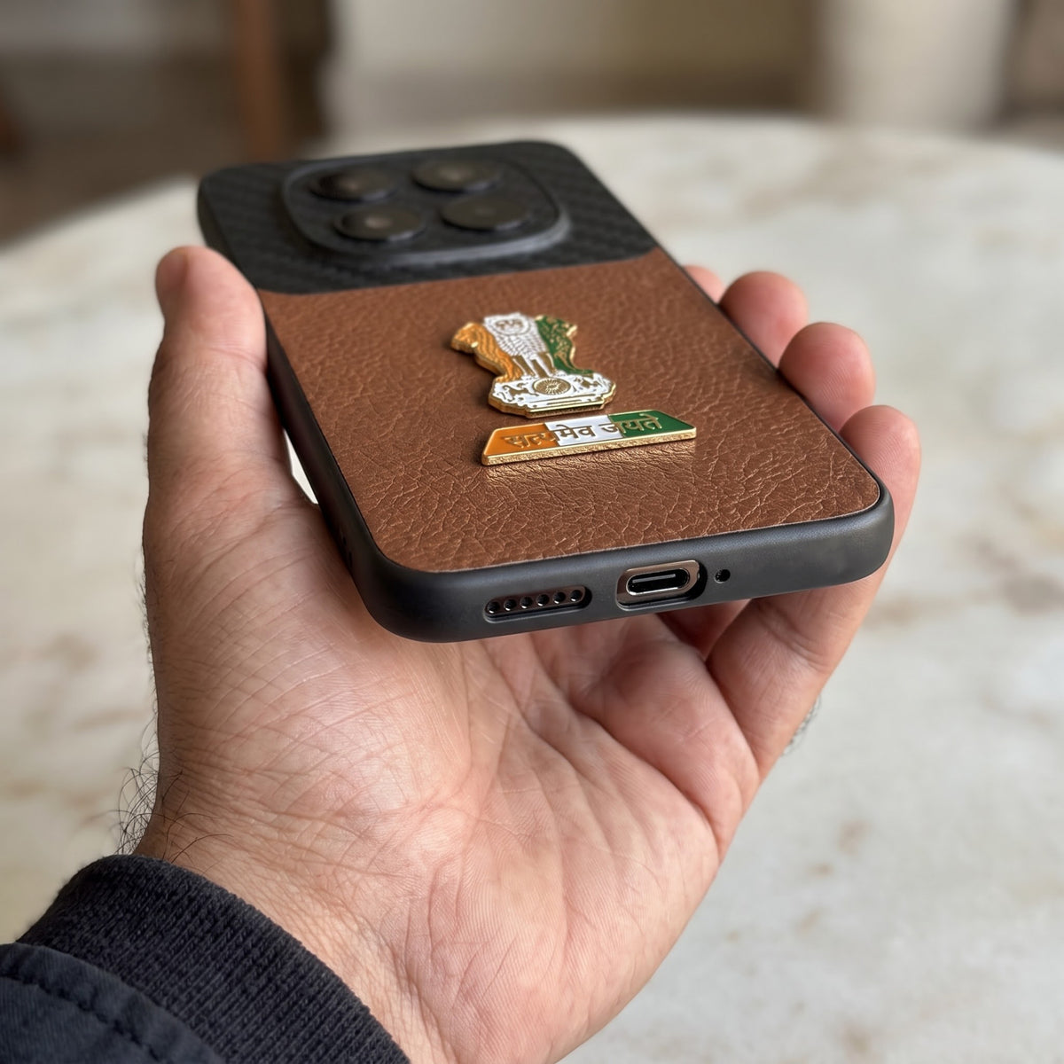 Redmi Note 15 Pro+ Tri-Color Satyamev Jayate Carbon Fiber Leather Hybrid Phone Case