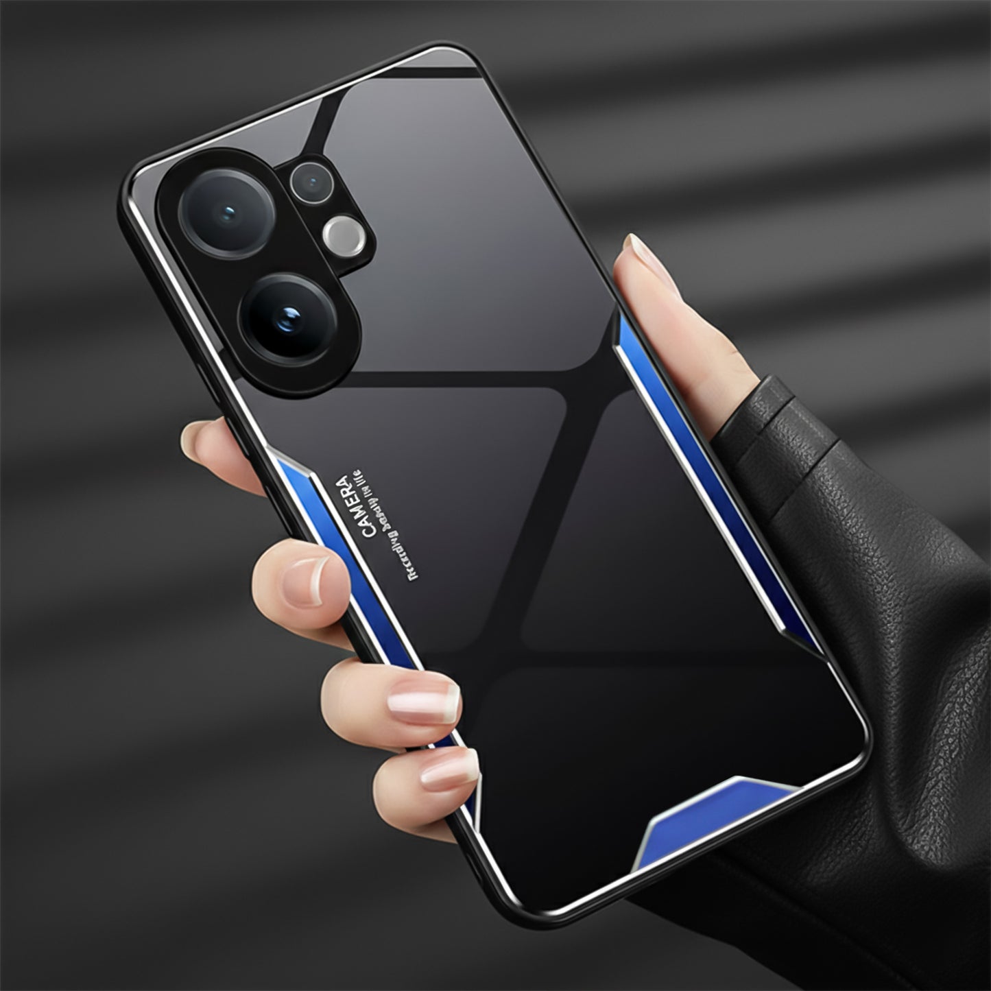 Vivo V60 5G Hand holding a smartphone with a reflective black and blue case against a dark background