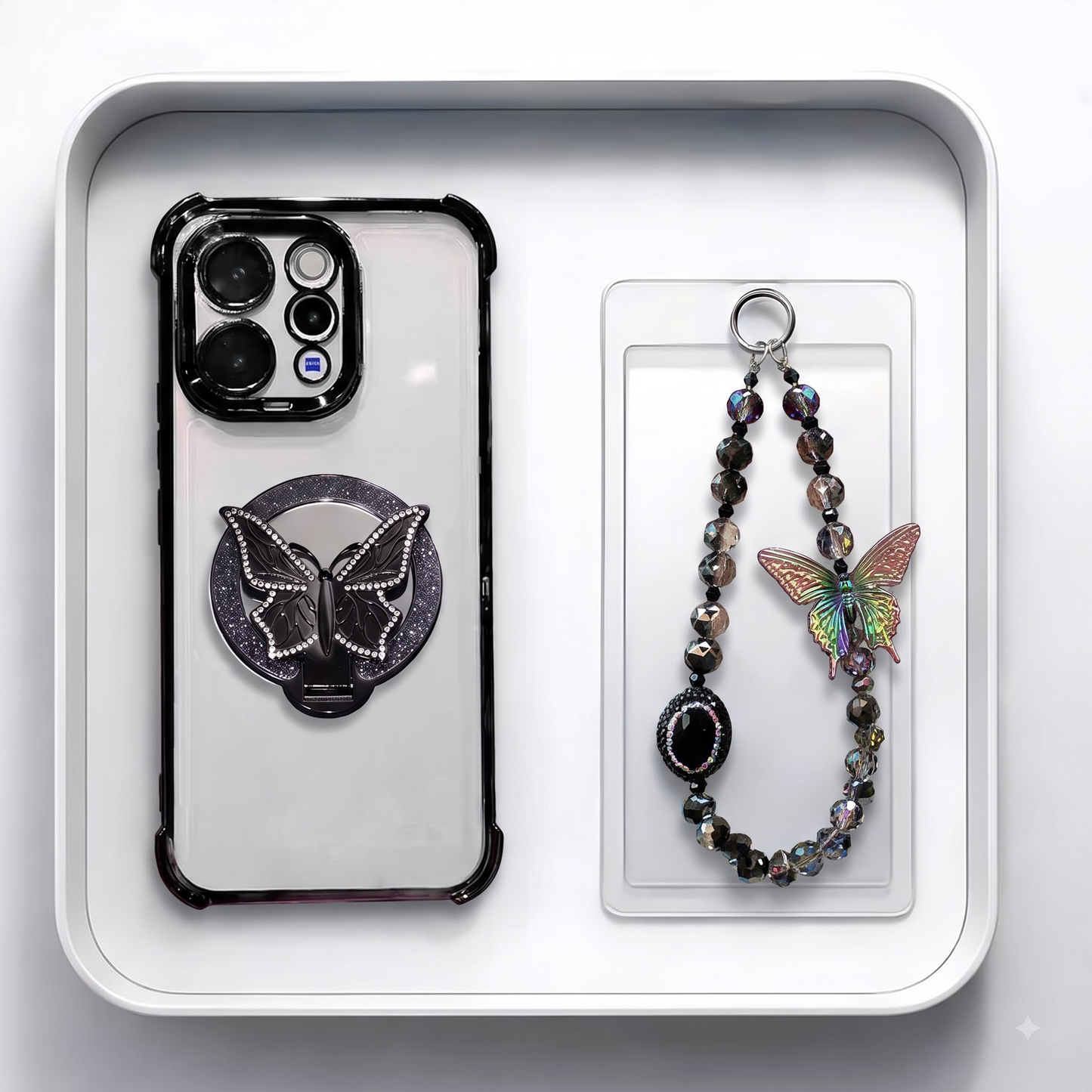 Vivo V70 5G Transparent Airbag Butterfly Stand Case with Charm Strap
