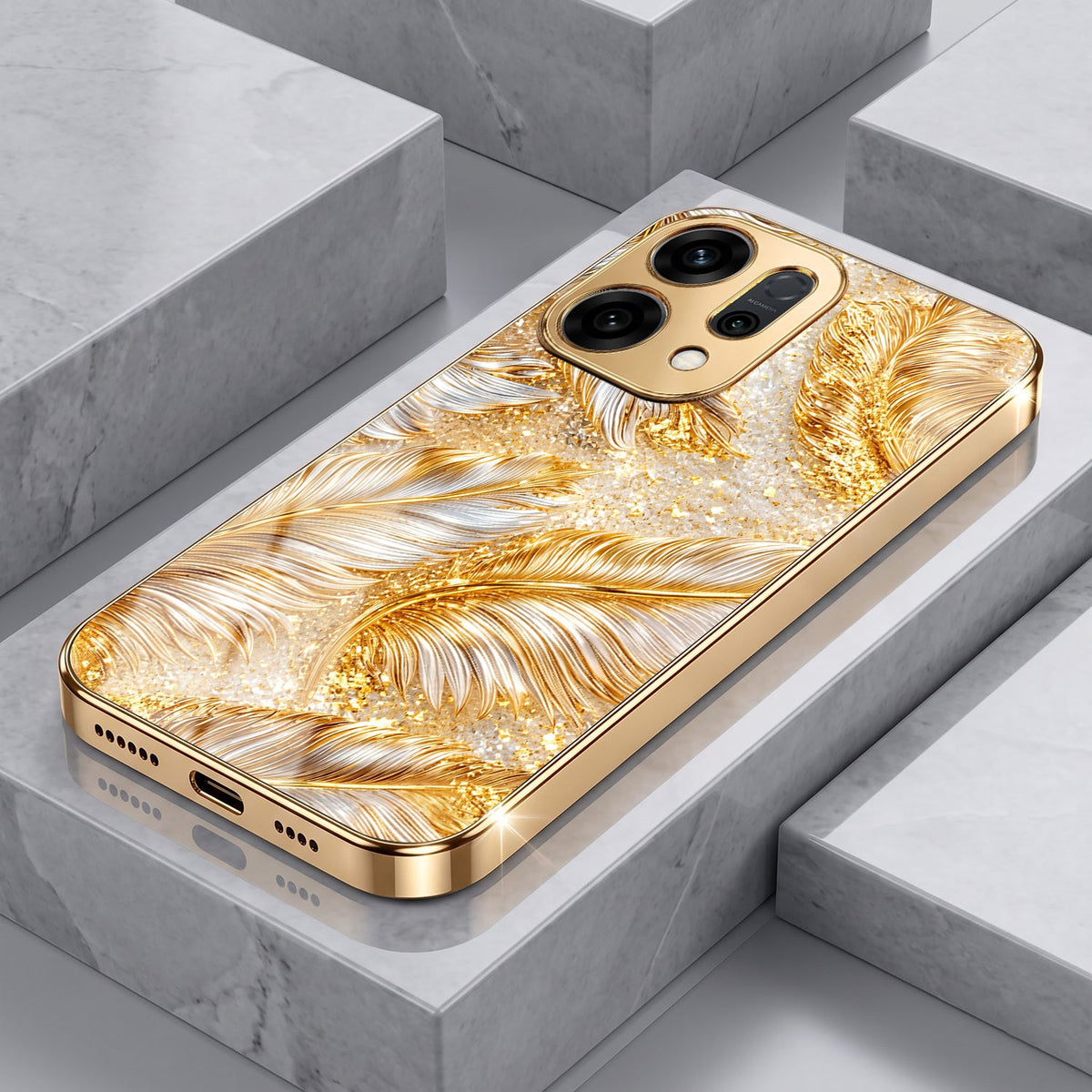 Oppo Reno 14 5G Golden Feather Marble Gold Electroplated Glass Phone Back Case