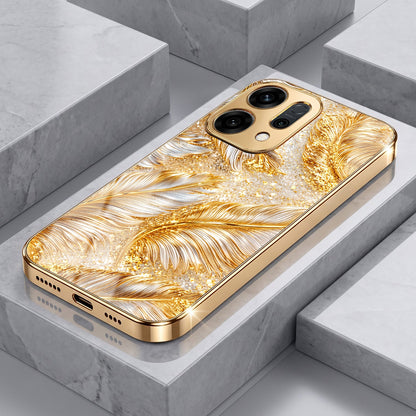 Oppo Reno 14 5G Golden Feather Marble Gold Electroplated Glass Phone Back Case