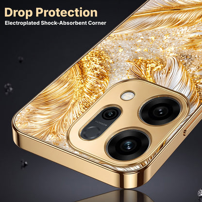 Oppo Reno 14 5G Golden Feather Marble Gold Electroplated Glass Phone Back Case
