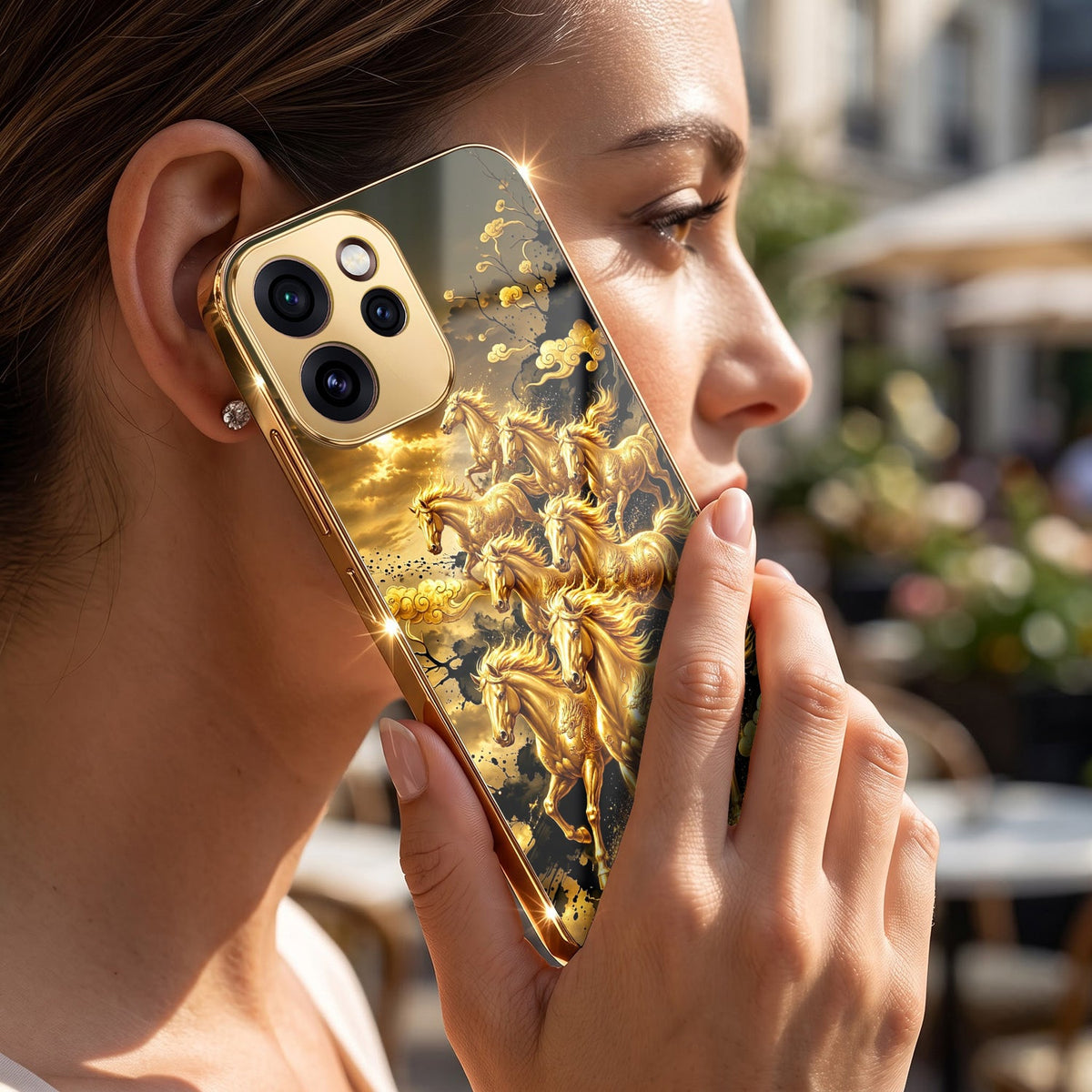 Oppo Reno 15 Pro Mini 5G Horses Royal Glory Gold Electroplated Glass Phone Back Case