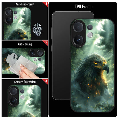 Phone case with eagle design featuring anti-fingerprint, anti-fouling, and camera protection features.