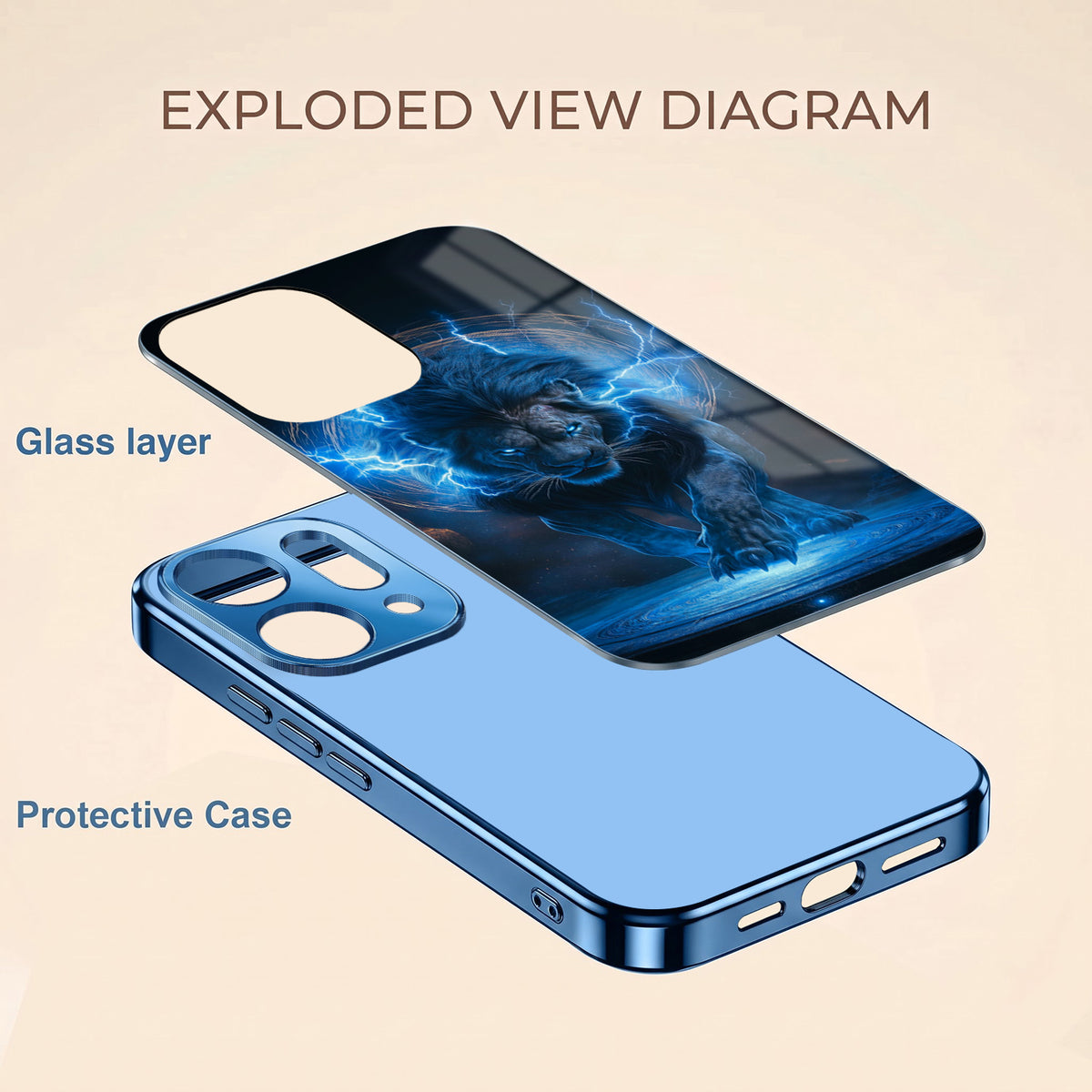 Oppo Reno 14 5G Thunder Titan Lion Blue Electroplated Glass Phone Back Case