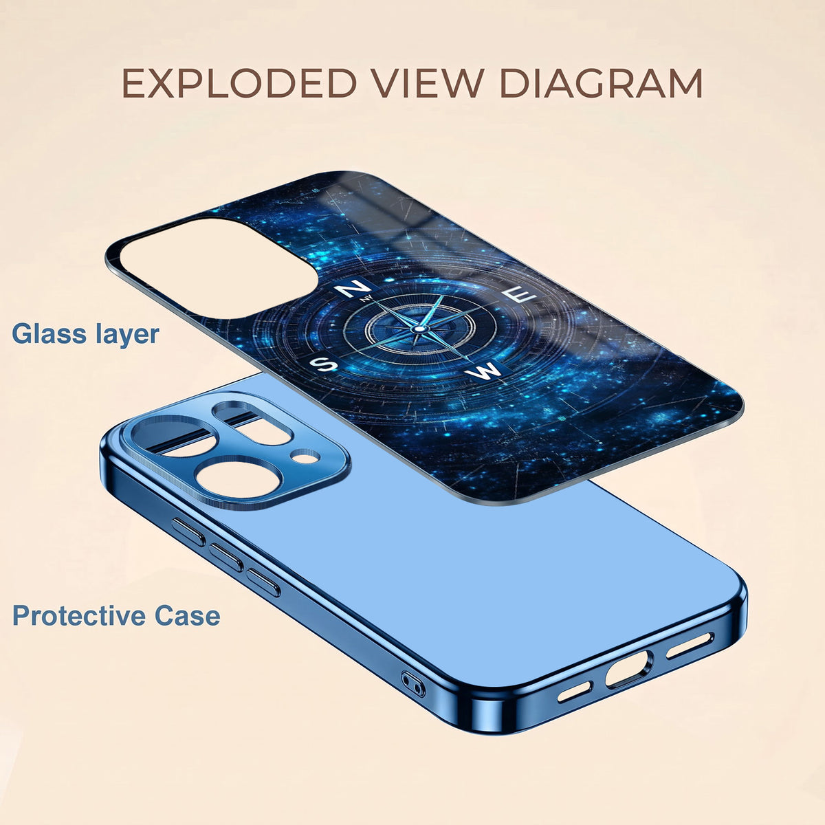 Oppo Reno 14 5G Astral Compass Blue Electroplated Glass Phone Back Case