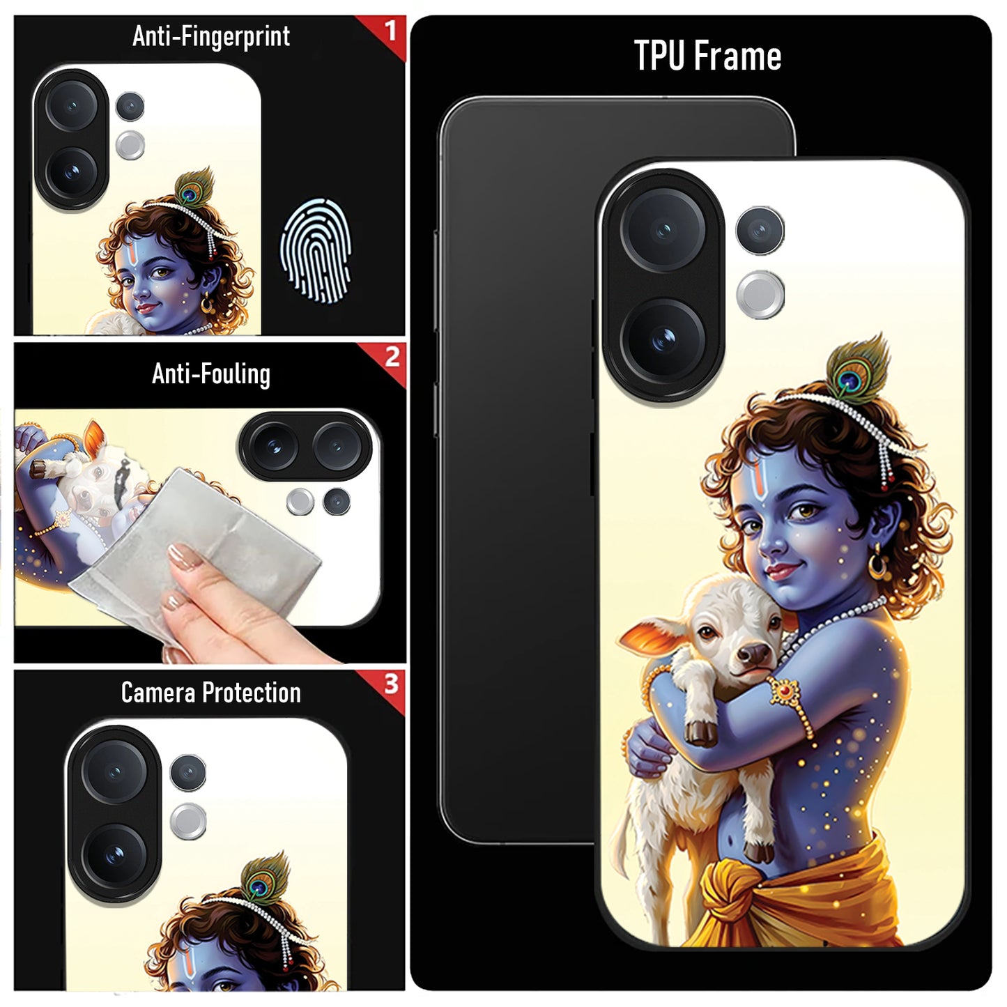 Vivo V60 5G Phone case with illustration of a deity holding a lamb, featuring anti-fingerprint, anti-fouling, and camera protection features.