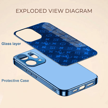 Oppo Reno 14 5G Luxury Monogram Blue Electroplated Glass Phone Back Case