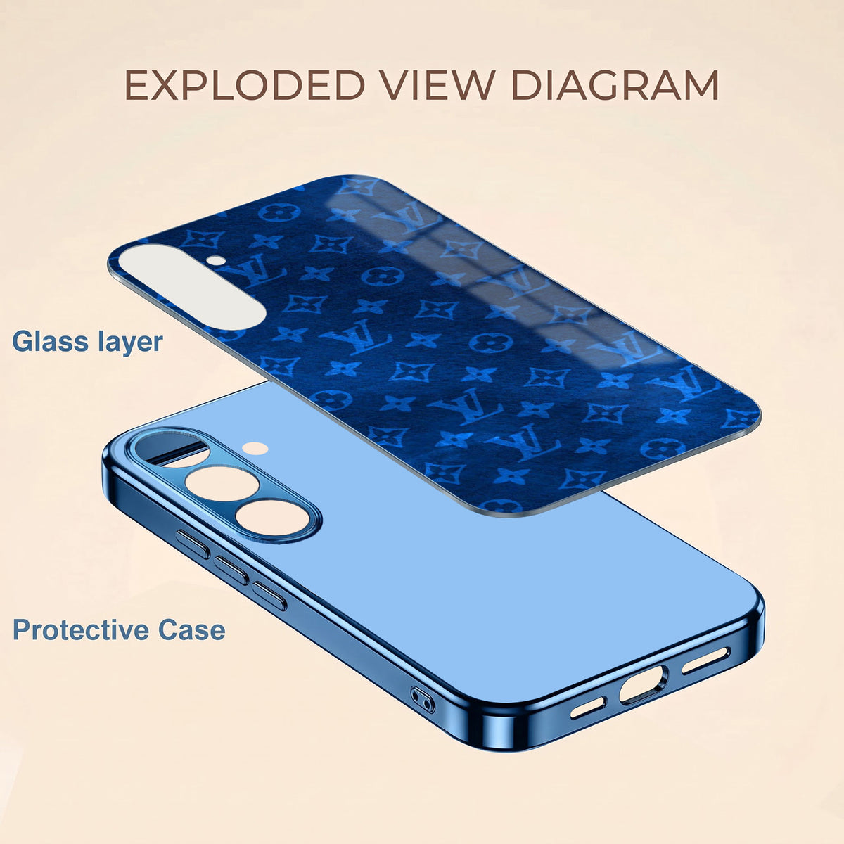 Samsung Galaxy A56 5G Luxury Monogram Blue Electroplated Glass Phone Back Case