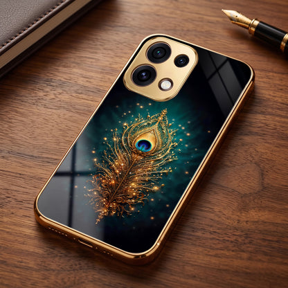 Oppo Reno 16C 5G Golden Peacock Feather Gold Electroplated Glass Phone Back Case