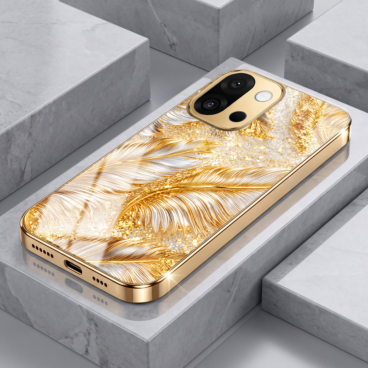 OnePlus 13s 5G Golden Feather Marble Gold Electroplated Glass Phone Back Case