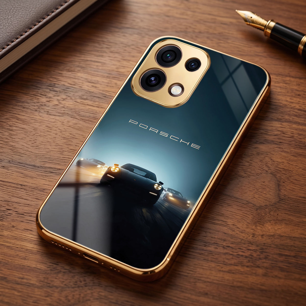 Oppo Reno 16C 5G Porsche Luxury Gold Electroplated Glass Phone Back Case