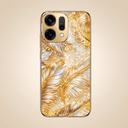 Oppo Reno 14 5G Golden Feather Marble Gold Electroplated Glass Phone Back Case