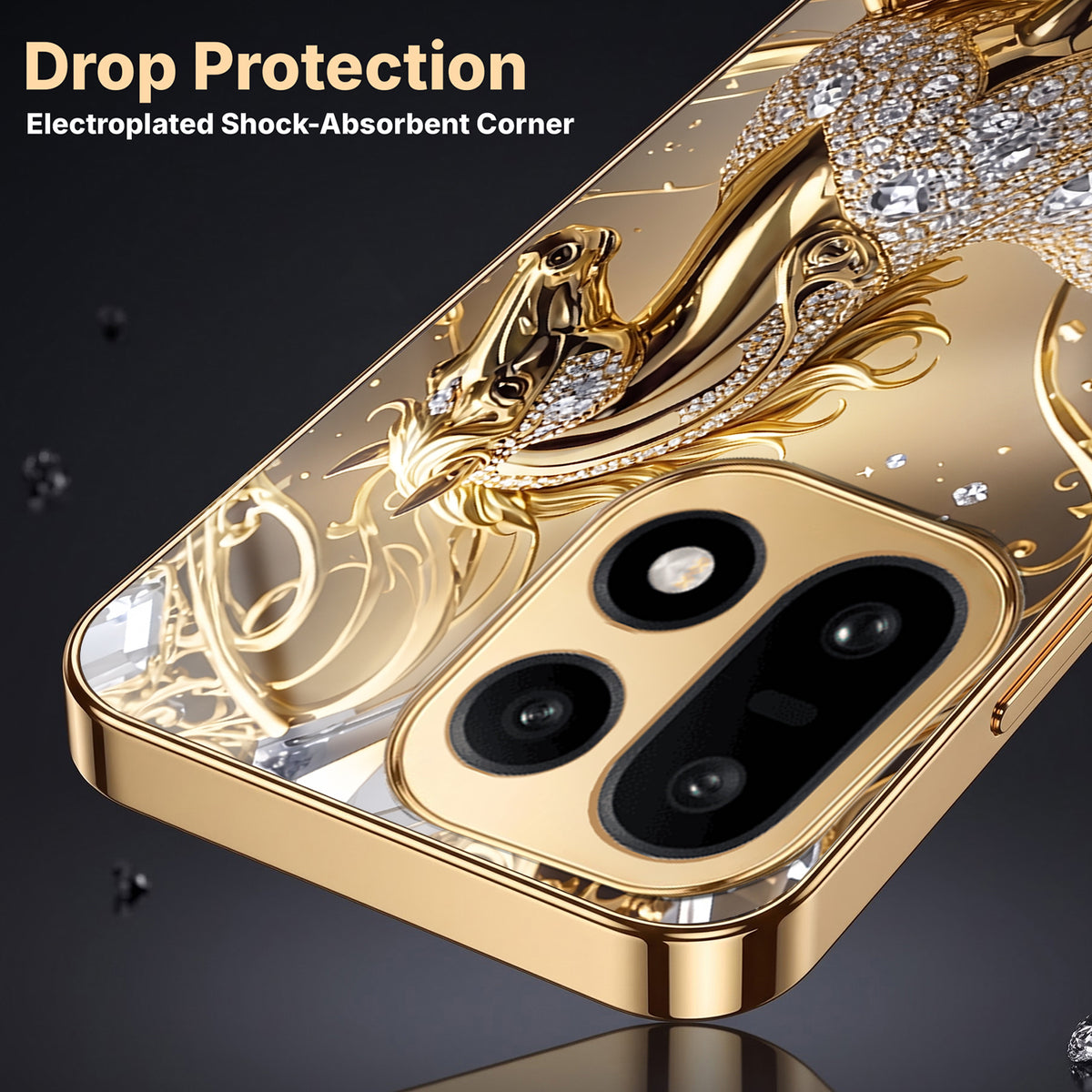 OnePlus 15 5G Luxury Horse Texture Gold Electroplated Glass Phone Back Case