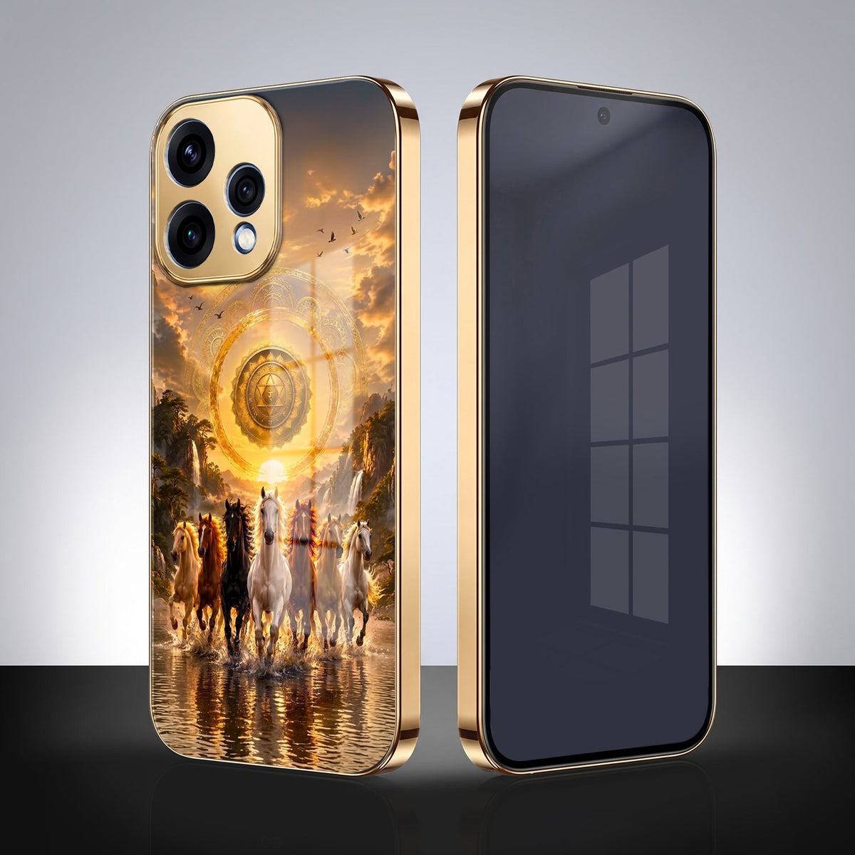 Oppo Reno 15 5G Celestial Seven Horses Gold Electroplated Glass Phone Back Case