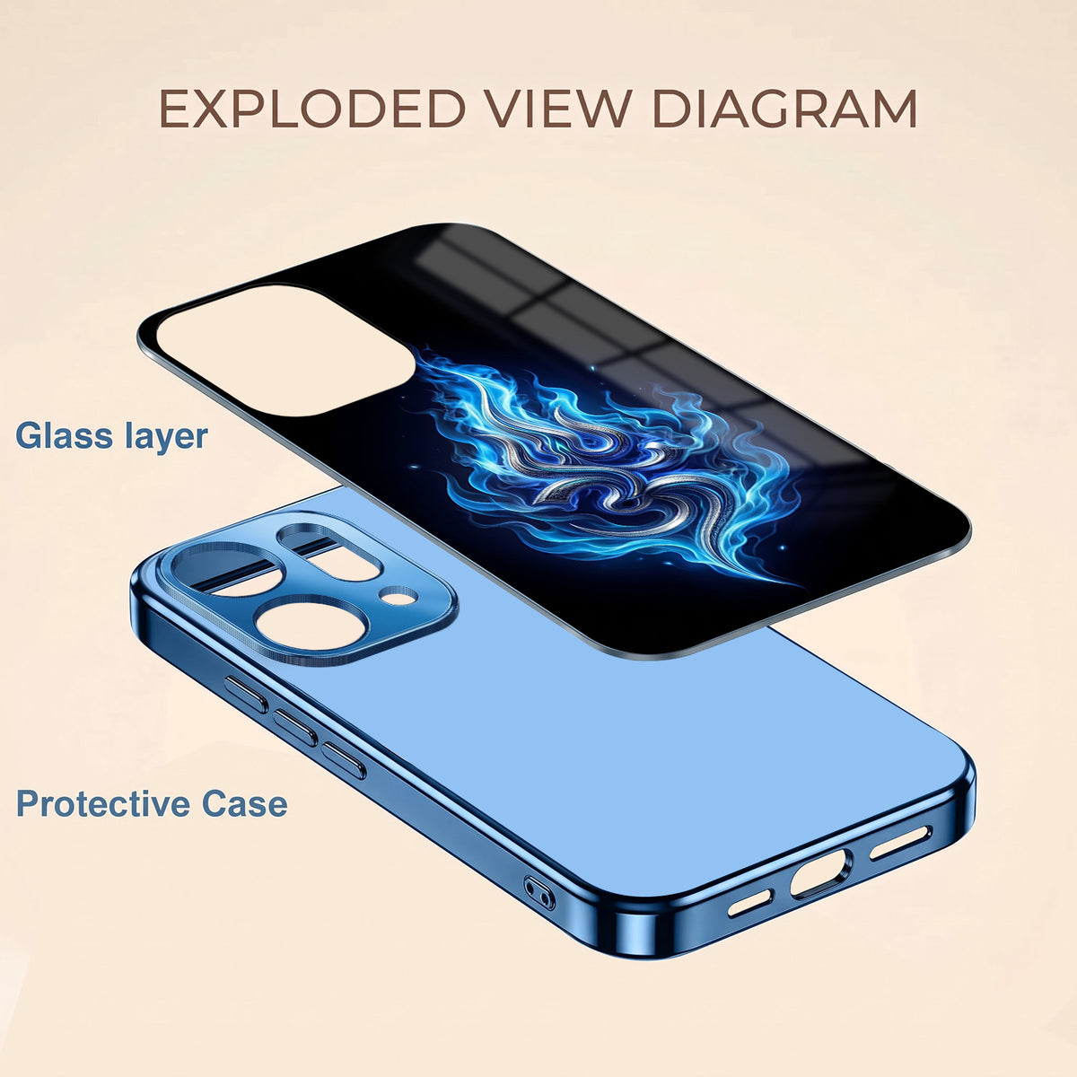 Oppo Reno 14 5G Blue Flame OM Blue Electroplated Glass Phone Back Case