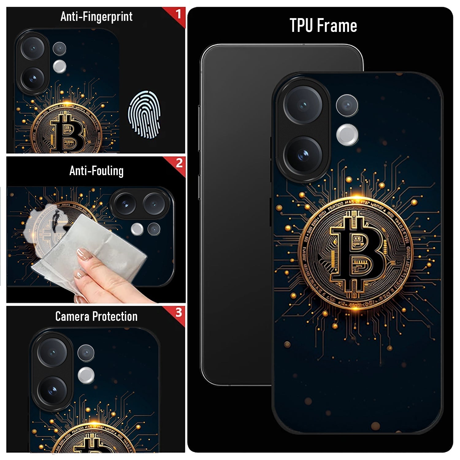 Vivo V60 5G Phone case with Bitcoin design featuring anti-fingerprint, anti-fouling, and camera protection features.
