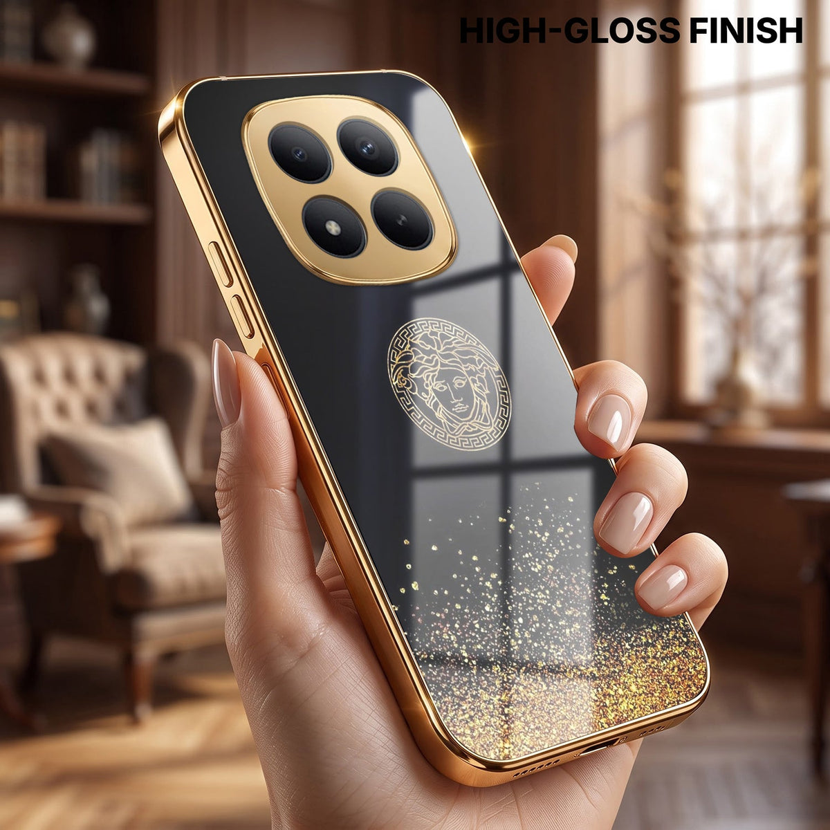 Redmi Note 15 Pro+ 5G Medusa Head Gold Electroplated Glass Phone Back Case
