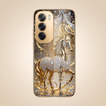 Oppo Reno 12 Pro 5G Luxury Horse Texture Gold Electroplated Glass Phone Back Case