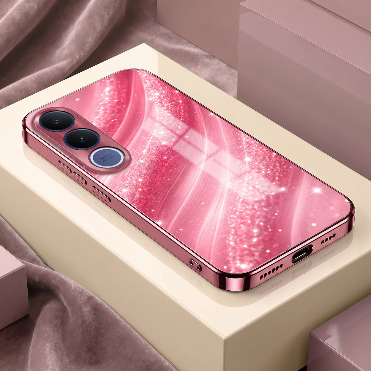 Vivo V70 FE 5G Luxury Glitter Wave Pink Electroplated Glass Phone Back Case