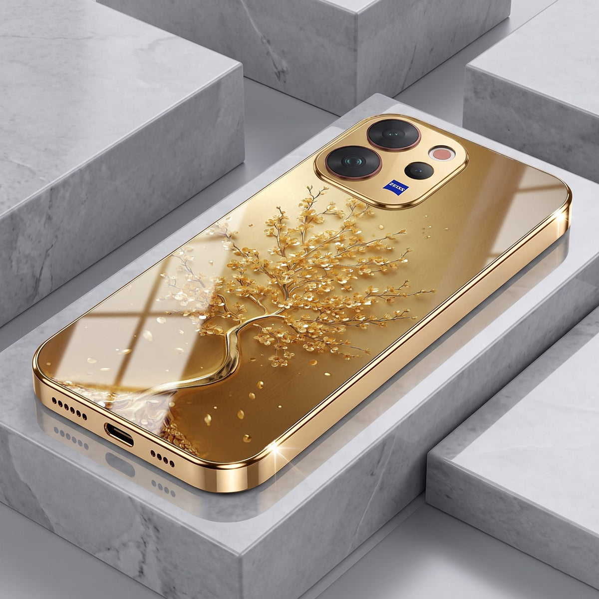 Vivo V70 5G Golden Tree Gold Electroplated Glass Phone Back Case