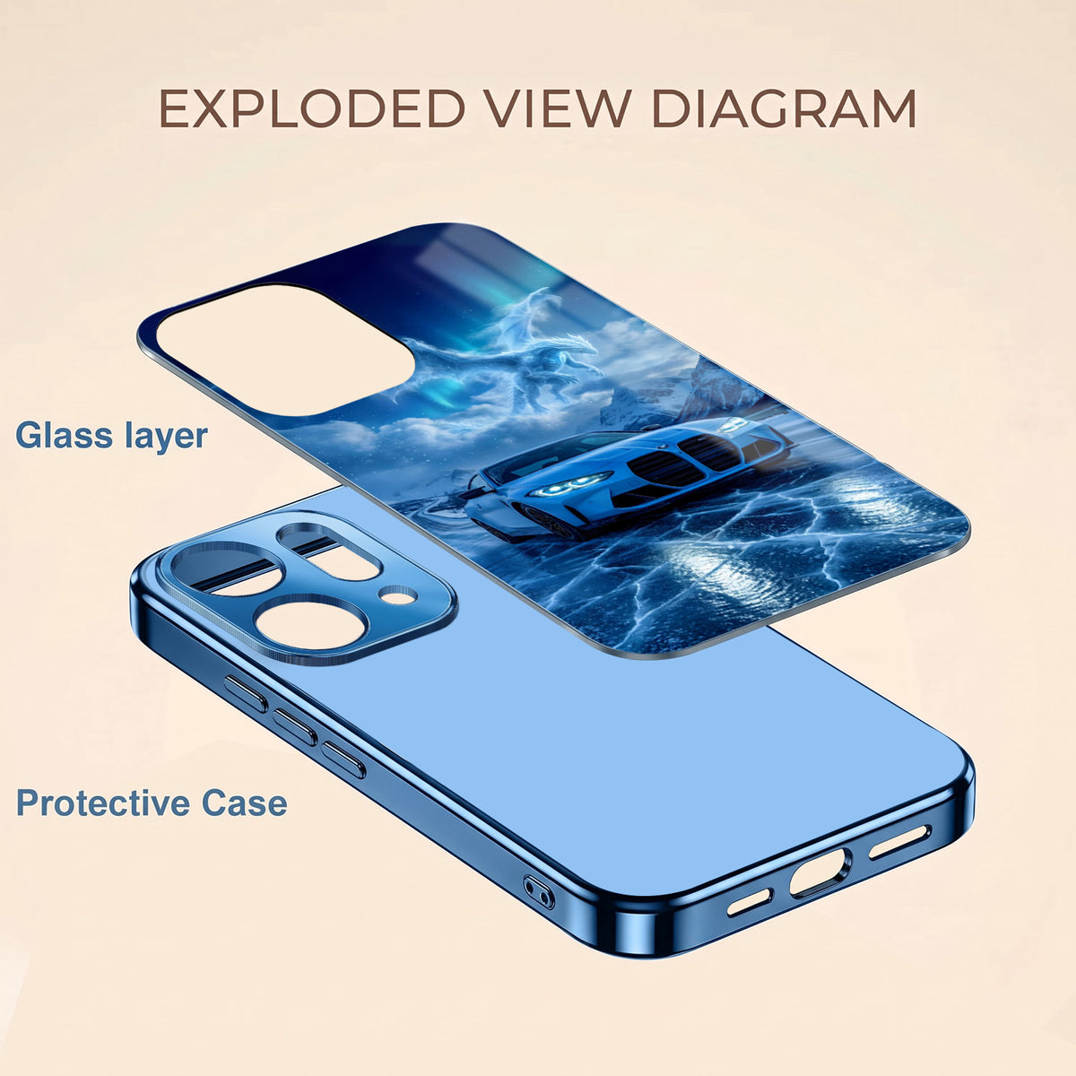 Oppo Reno 14 5G Ice Dragon GT Blue Electroplated Glass Phone Back Case