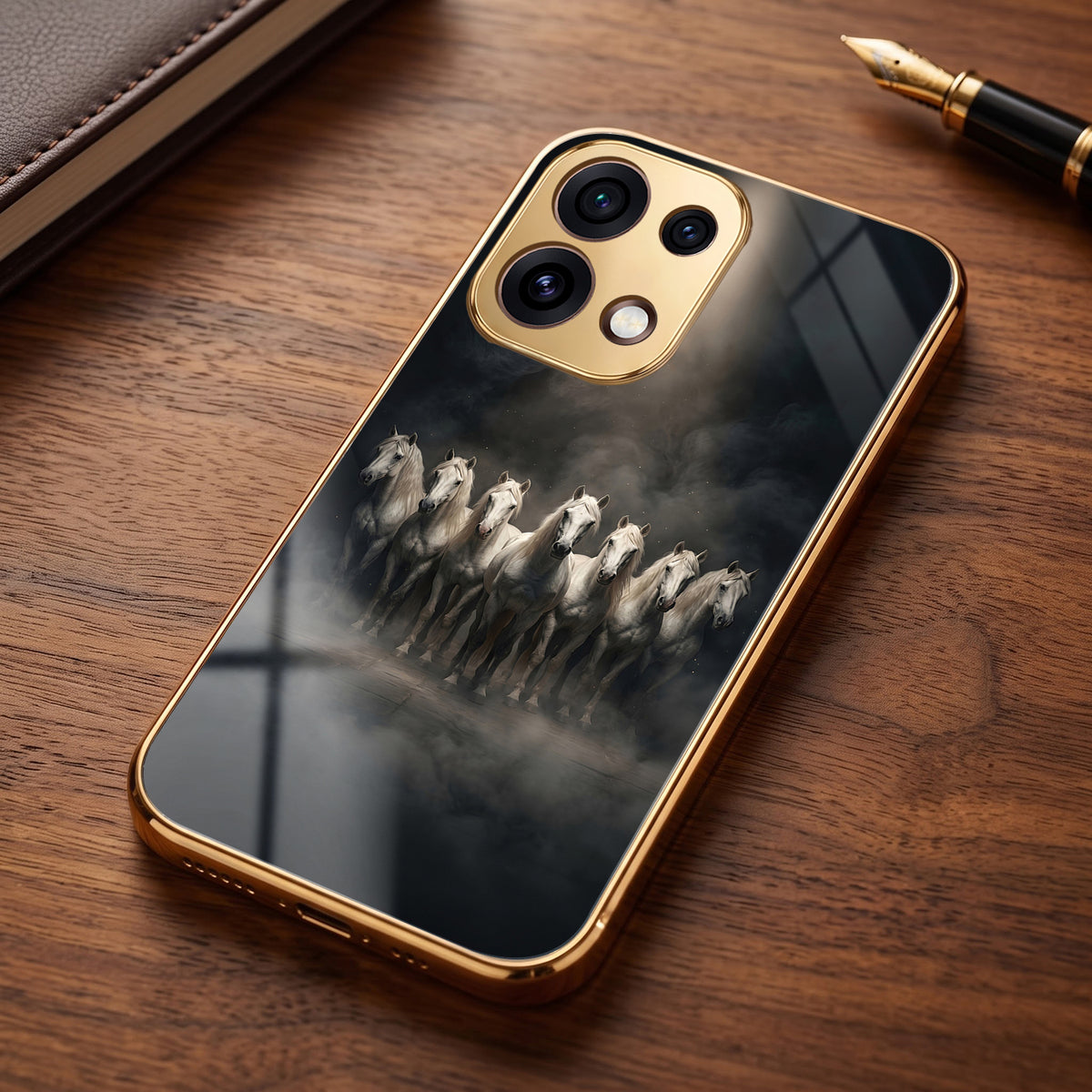 Oppo Reno 16C 5G Running Horses Gold Electroplated Glass Phone Back Case